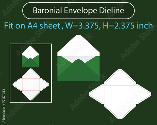 Baronial envelope W 3.375 x H 2.375 inch Dieline Template