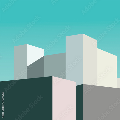Minimalist Building Geometric. No People. Blue Background. Stock Illustration