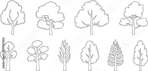 Tree illustration, forest drawing, eco friendly clipart, cartoon nature, different tree designs, foliage art, woodland vector, green landscape, outdoor scenery, environment