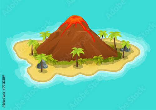 Isometric natural tropical island with volcano