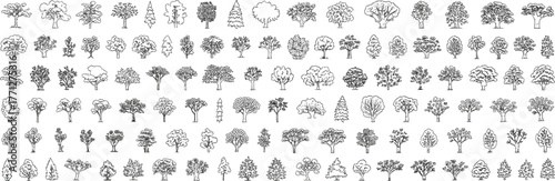 Tree collection, forest illustration, eco friendly drawing, nature outline, woodland clipart, green landscape, different tree designs, park scenery, botanical art, outdoor environment