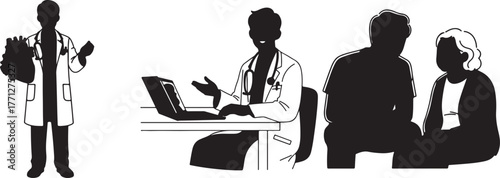 Doctor explains heart health to patients using a laptop in the office during a consultation about healthcare and wellness with medical expertise