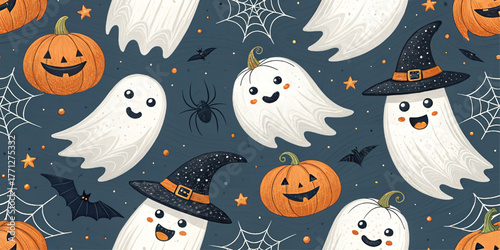 Halloween pattern with ghost in black witch hat, pumpkin, spider, bat on navy background, spooky festive design, cartoon vector illustration for decor, stationery, clothing.