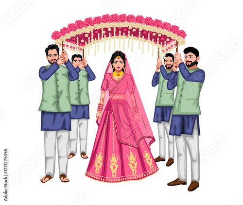 Indian Bride Walking Under Floral Canopy During Wedding Ceremony