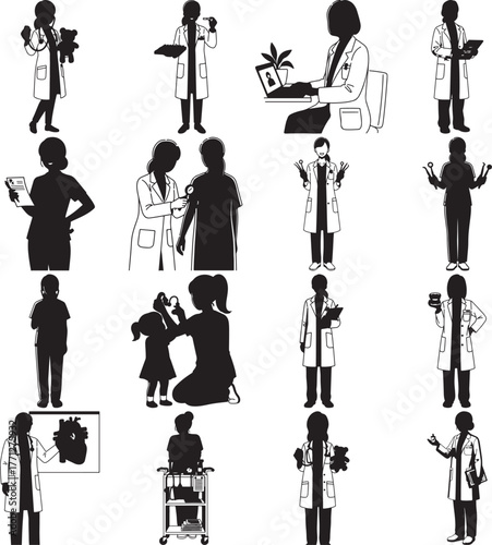 Silhouette illustrations of diverse doctors and medical professionals in various healthcare settings and patient interactions vector graphics