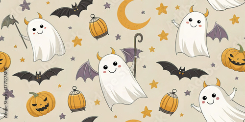 Halloween pattern with horned winged ghost, pumpkin, bat, lantern, crescent moon on beige background, whimsical festive design, cartoon vector illustration for party, home decor, product wrap.