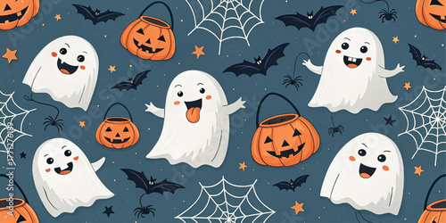 Halloween pattern with funny ghost, pumpkin bucket, bat, spiderweb, spider on navy background, playful festive design, cartoon vector illustration for kids, party, gift wrap.