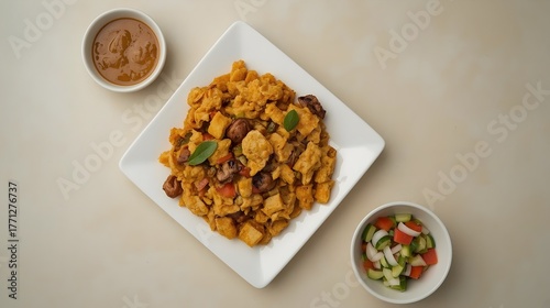  Sri Lankan koththu served with colorful side dishes, dhal, coconut sambol, papadam, and spicy chicken curry, authentic South Asian cuisine, vibrant tropical food 