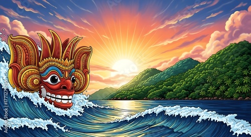 srilanakan Traditional Dragon Boat Racing Ocean Waves Sunset Asian Culture Festival Art