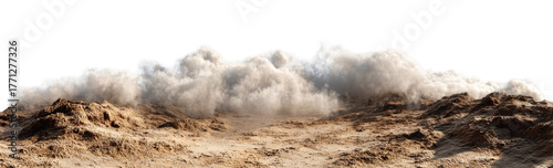 A large cloud of white dust erupting from a brown rocky terrain