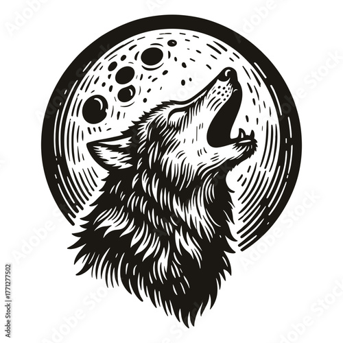 Howling wolf in vintage vector engraving style, full moon and textured fur, monochrome illustration