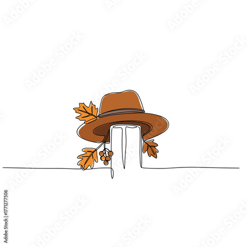 Autumn hat with oak leaves and berries on a fence post, minimalist single line vector illustration