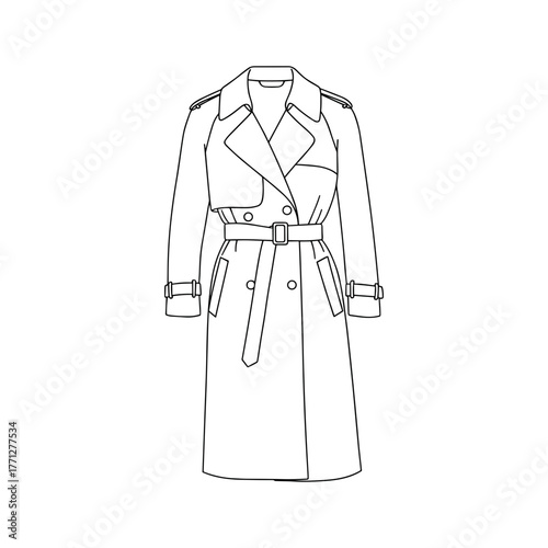 Trench coat with belt, minimalist vector fashion line art illustration in classic outline style