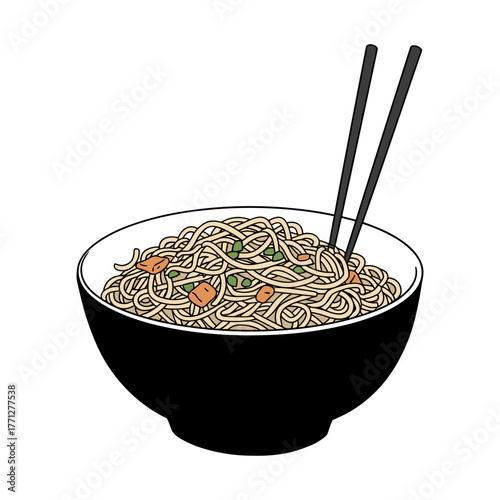 Bowl of fried noodles with chopsticks, vector Asian food cartoon flat illustration