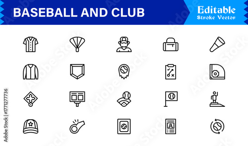 Baseball and club line icon set featuring editable, pixel-perfect icons with modern, clean, and minimal design. Perfect for sports, teams, and recreation themes.