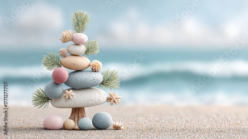 Pebble Christmas tree sculpture on sandy seashore