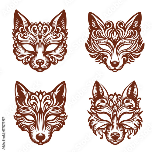 A decorative set of four ornate wolf head masks designs features intricate swirls and floral elements.