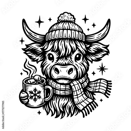 Cute vector illustration of a highland cow in a winter hat and scarf, holding a mug of hot cocoa with marshmallows and a snowflake design.