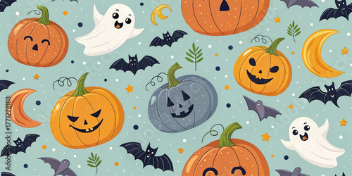 Halloween pattern with pumpkin, ghost, bat, crescent moon, star on light blue background, cute festive design, cartoon vector illustration for decor, card, textile.
