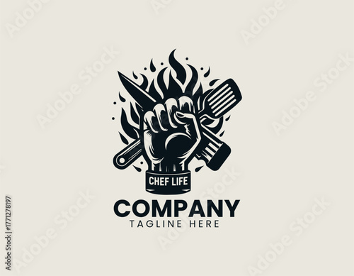 Strong hands holding kitchen knife and spatula with flame background in black and white vector logo design illustration