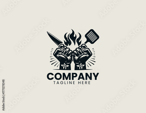 Strong hands holding kitchen knife and spatula with flame background in black and white vector logo design illustration