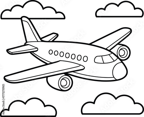 A Whimsical Airplane Soaring Through a Sky Filled with Fluffy Clouds Ready for a Coloring Adventure
