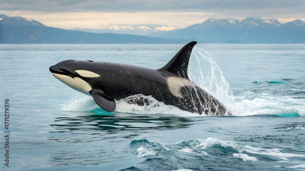 Fototapeta premium Orca Killer Whale Breaching the Ocean Surface with Mountains in the Background