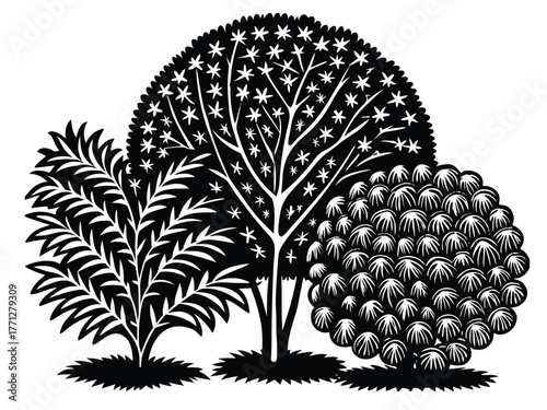Detailed Black and White Woodcut of Citrus or Apple Trees