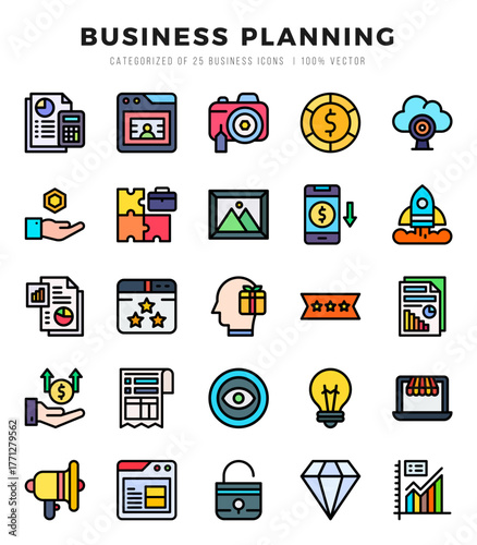 Business Planning Lineal Color icons collection. 25 icon set in a Lineal Color design.