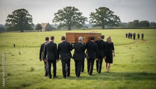 Caucasian middle aged men and woman carrying wooden coffin outdoors during funeral procession, walking together on grassy field.