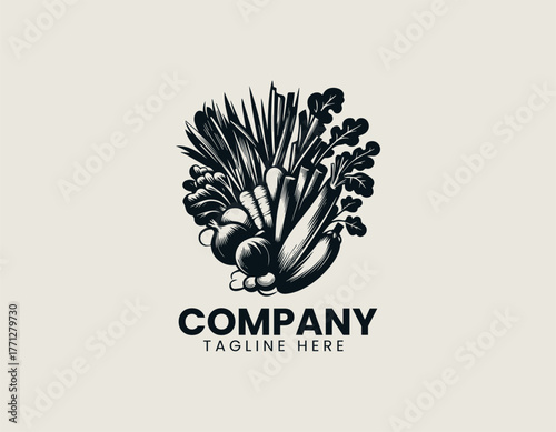 Detailed black and white hand drawn vegetables composition in vintage engraving style vector logo design illustration