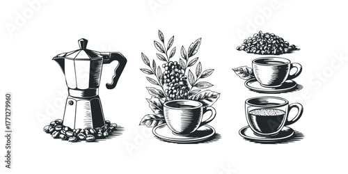 Espresso maker with coffee beans and cups of coffee