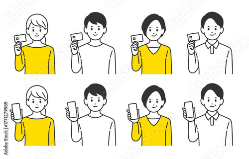 クレジットカードやスマホを持つ若い･中年男女のセット【人物ベクターイラスト素材】
