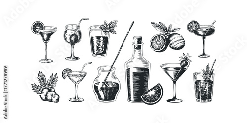 Collection of hand-drawn alcoholic drinks and barware