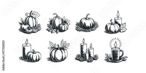 Autumn Harvest Pumpkins and Burning Candles Line Art