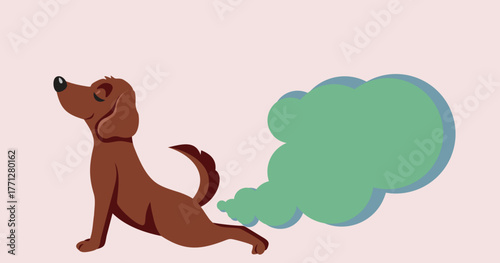 Funny Dog Farting in Yoga Pose Vector Cartoon Character. Domestic animal suffering for different food allergies and intolerance leading to excess of gass
