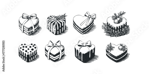 Eight Hand-Drawn Cakes With Ribbons And Greens