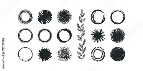 Collection of hand drawn circular shapes and plant sprig