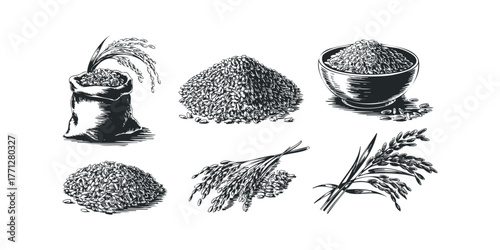 Collection of rice grains in sack, bowl, and piles