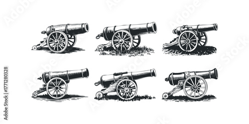 Collection of six historical cannon depictions on white