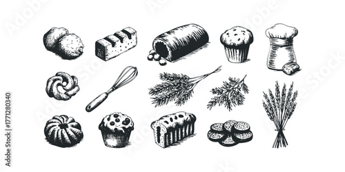 Assortment of Hand Drawn Baked Goods and Kitchen Utensils