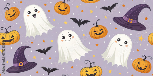 Halloween pattern with ghost, pumpkin, bat, witch hat, star on purple background, cute festive design, cartoon vector illustration for decor, card, party.