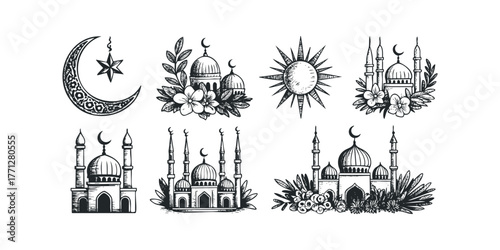 Sketch of Islamic Temples and Crescent Moon with Floral Accents