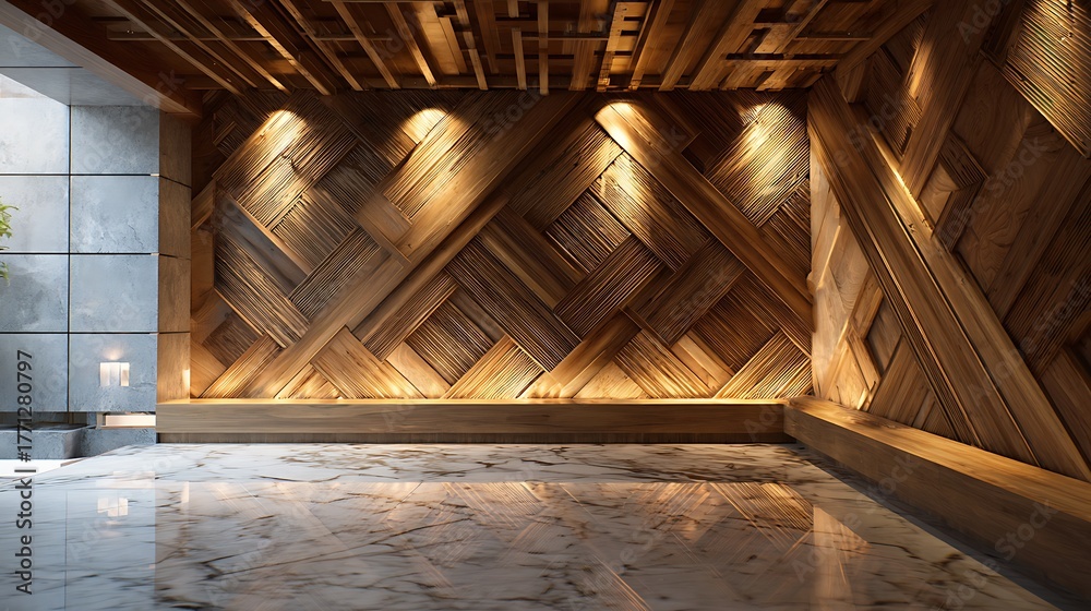 Obraz premium Interior with Natural Wooden Wall Design and Reflective Marble Floor