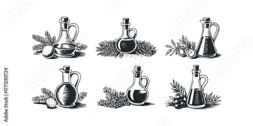 Six Decorative Etchings of Olive Oil Bottles with Garnish