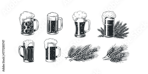 Collection of Hand Drawn Beer Mugs and Wheat Stalks