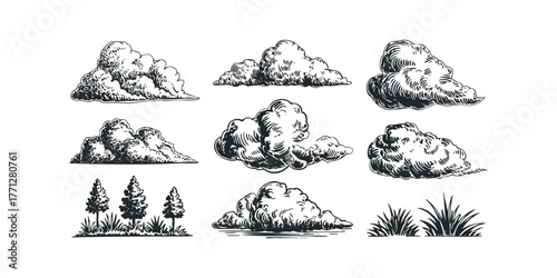 Black and White Cloud Formations and Landscape Elements