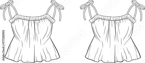 Trendy women’s sleeveless blouse with bow tie straps, loose summer fashion top, stylish peplum clothing flat sketch, modern apparel illustration