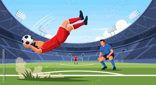 Soccer player performs acrobatic kick aiming for the goal with skill.