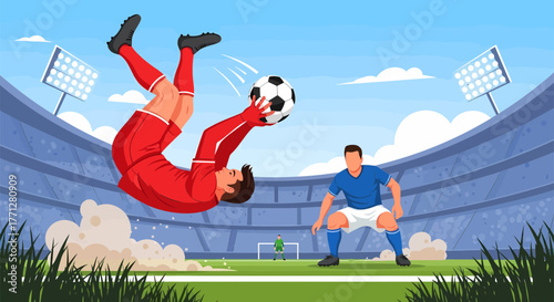 Soccer player performs acrobatic overhead kick aiming for goal.